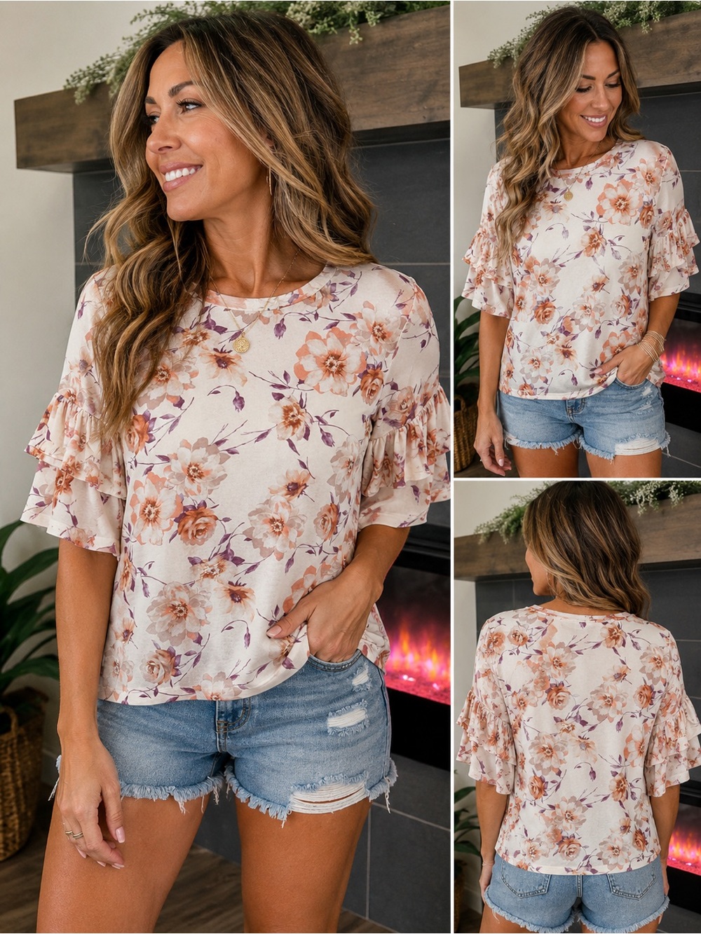 Women's Cream Floral Ruffle Sleeve Blouse